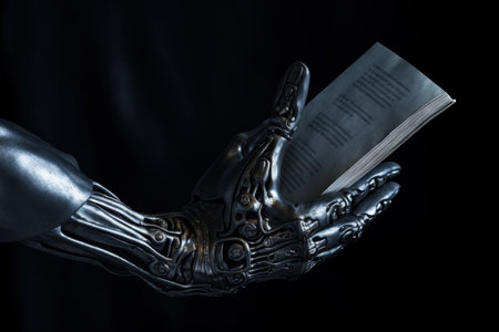Close-up of a robot's hand holding a book on a black backgroundの素材
