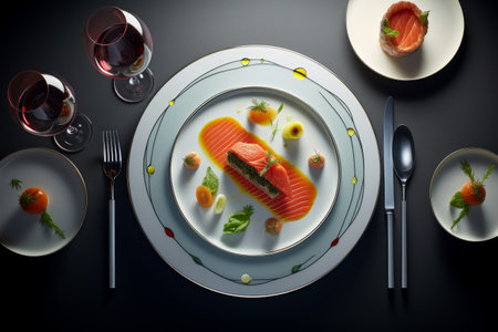 Top view of salmon fillet served on white plate with red wineの素材