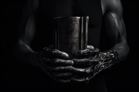 Hands of a man with a book on a black background.の素材