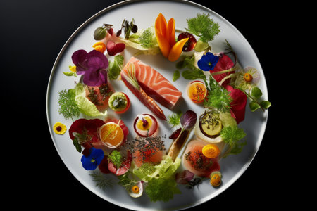 Salmon Sashimi with Vegetables and Fruits on Black Backgroundの素材