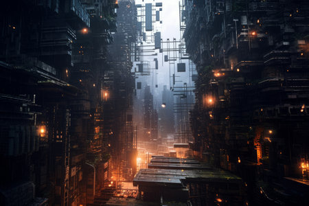 Futuristic city at night with neon lights. 3D renderingの素材