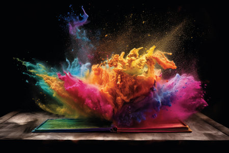 Colorful explosion of paint from an open book on a black backgroundの素材