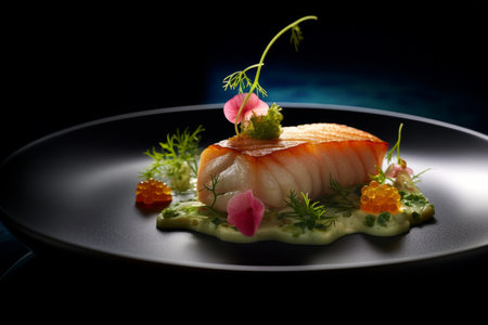 Salmon sashimi served on a black plate over black backgroundの素材