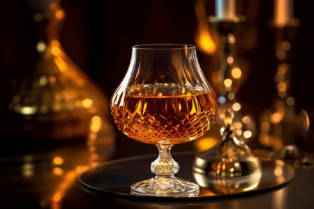 Cognac or brandy in a glass with candles on a dark backgroundの素材