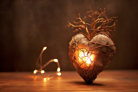 Heart shaped candle in the shape of a heart on a wooden backgroundの素材