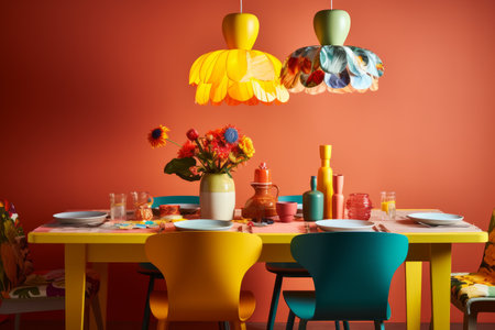 Dining room interior with colorful table and chairs. 3d renderingの素材