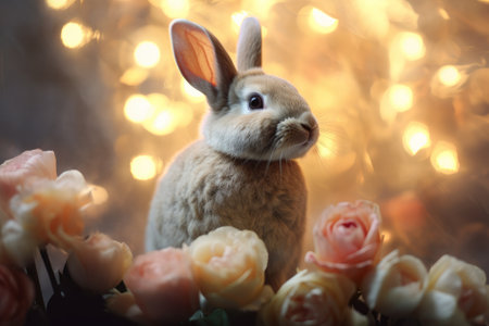 Cute little rabbit on bokeh background. Happy Easter.の素材