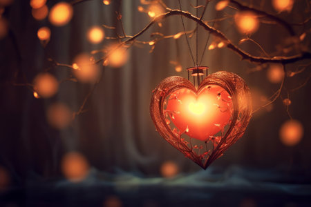 Valentine's Day background with red heart and bokeh lightsの素材