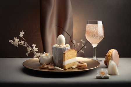 Still life with Easter cake, macaroons and glass of wineの素材