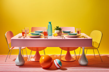 Table with colorful tablecloths and bright yellow background. 3d renderingの素材