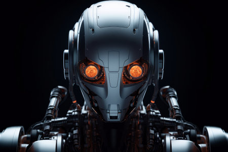 3D rendering of a robot head with orange light on black backgroundの素材