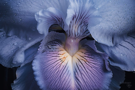 Beautiful blue iris flower with dew drops on petals close upの素材