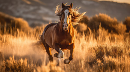 Bay horse galloping in the field at sunset, California, USAの素材