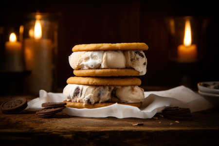 Cookies with ice cream on a wooden table in the dark.の素材