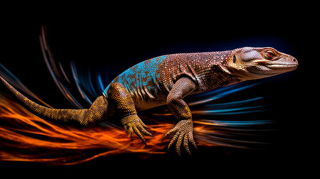 Lizard with fire on a black background. 3d rendering.の素材