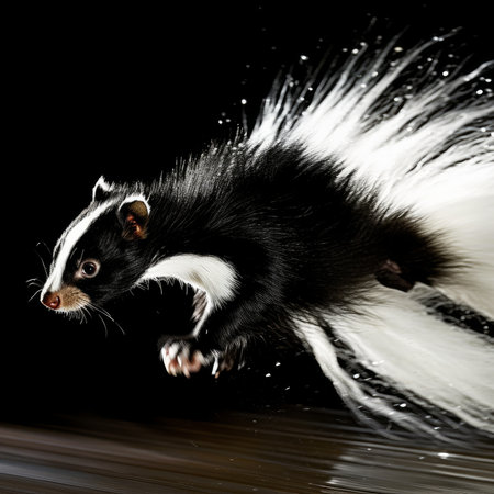 black and white little skunk jumping in water on a black backgroundの素材