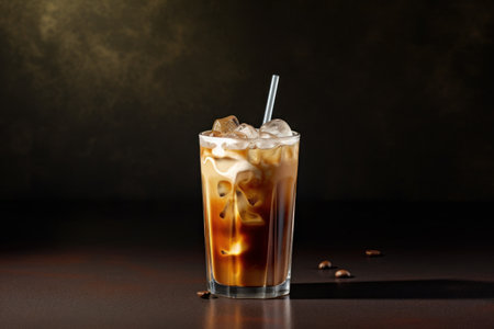 Iced coffee in tall glass with ice cubes and straw on dark backgroundの素材