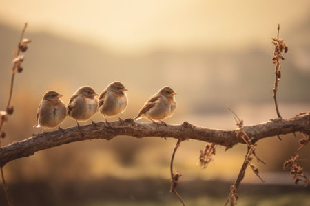 A small flock of sparrows sits on a branch in the rays of the setting sun.の素材