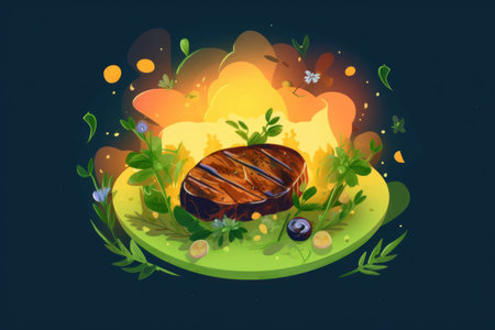 Illustration of grilled steak with herbs and berries on a green plateの素材