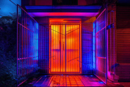 Colorful neon lights on the entrance to a house in the nightの素材