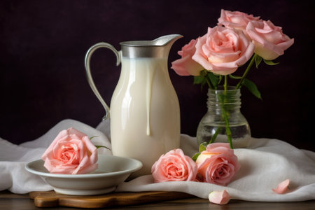 Still life with a jug of milk and a bowl of pink rosesの素材