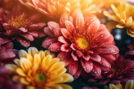 Colorful chrysanthemum flowers with water drops on petalsの素材
