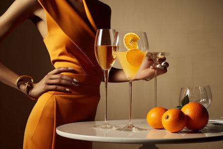 Beautiful woman in orange dress with two glasses of champagne and orangesの素材