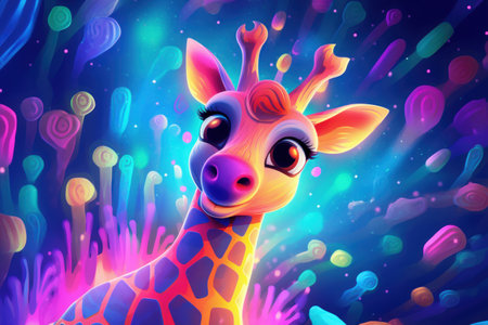 Illustration of a cute giraffe on a multicolored backgroundの素材