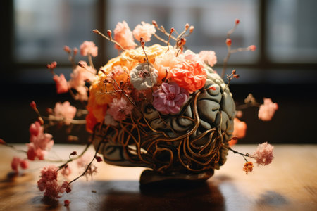 Ceramic vase with flowers on a wooden table in the roomの素材