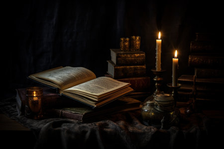 Old books, lit candles and candlesticks on a dark backgroundの素材