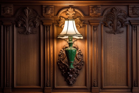 Vintage lamp on a wooden wall in a dark room. Close up.の素材