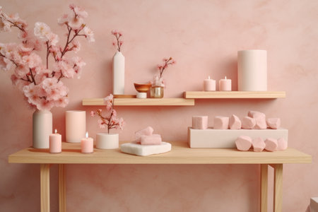 Pink candles, soap and flowers on a wooden shelf in the roomの素材