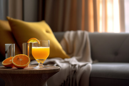 Glass of orange juice with slice of orange on table in living roomの素材