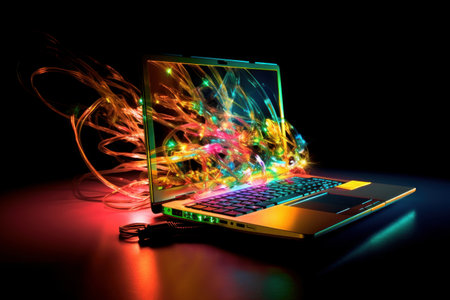 Laptop with fiber optic cables on a black background. 3d renderingの素材