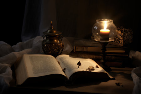 Still life with old books, candles and a lamp on a dark backgroundの素材