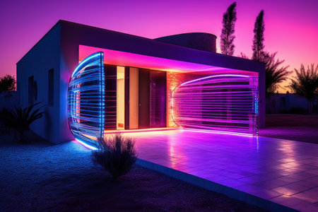 3D rendering of a modern house exterior lit up with neon lightsの素材