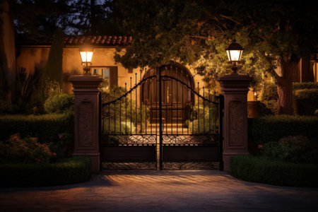Night view of the entrance to the house in the garden with a large gate.の素材