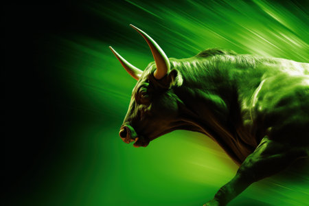 Digital painting of a bull on a green background, with copy spaceの素材