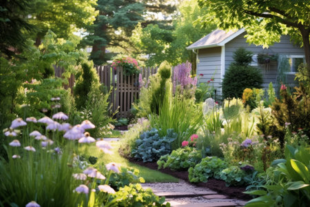 Garden with lots of flowers and plants. Gardening concept.の素材