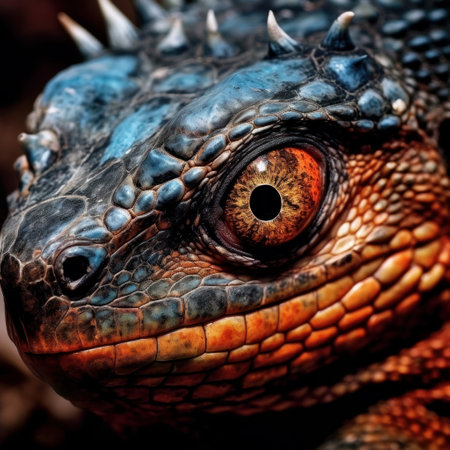Closeup of a green iguana's eye on a rock.の素材