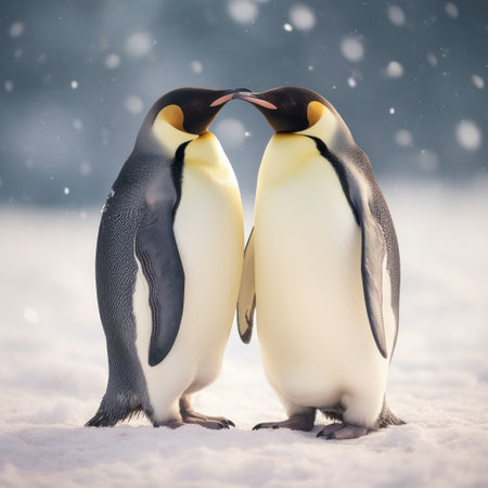 Pair of king penguins on the snow in Antarctica. Winter scene.の素材