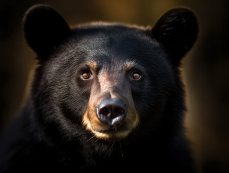 Close up of a black bear head looking at the camera with a blurred backgroundの素材