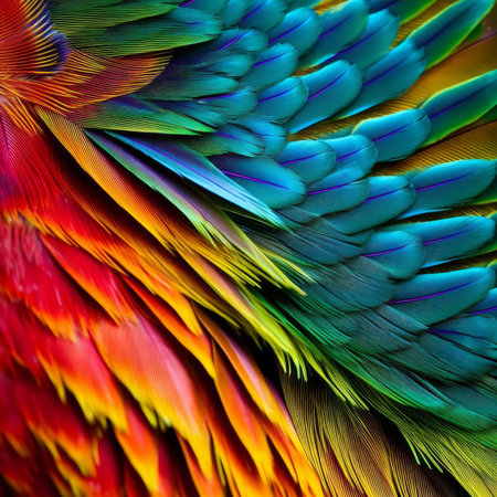 Beautiful multicolored feathers of a macaw, close upの素材