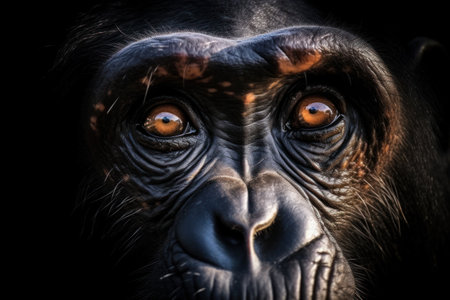Portrait of a chimpanzee on a black background, close-upの素材