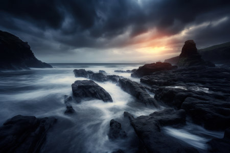 Long exposure image of a stormy sunrise over the cliffs in Cornwallの素材