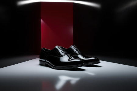 Men's luxury black leather shoes on the floor in a dark roomの素材