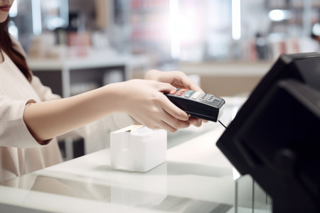 Cropped image of a woman paying with credit card in the shopの素材