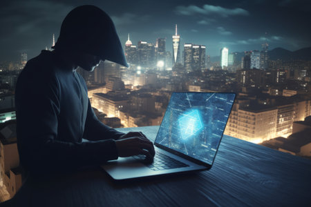 Hacker using laptop and cyber security concept on city background. Double exposureの素材