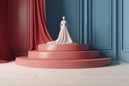 3d render of podium with white wedding dress and red curtains.の素材