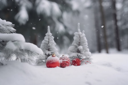 Christmas and New Year background with fir tree and red balls on snowの素材